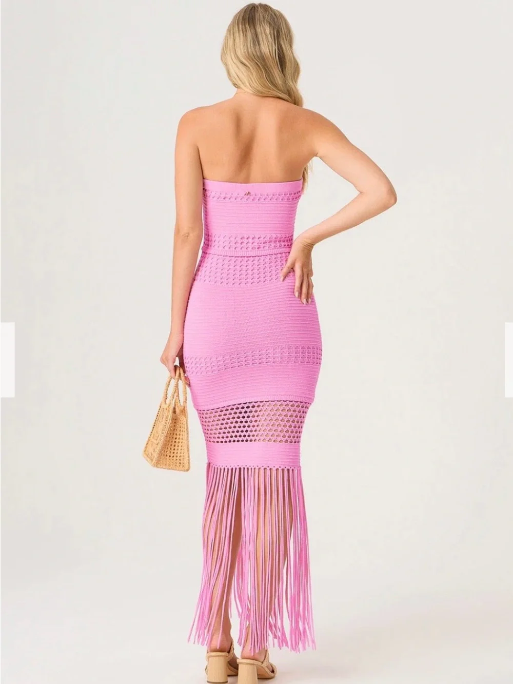 PQ Swim Strapless Pink Crochet Fringe Midi Dress XS/S - Picture 5 of 7